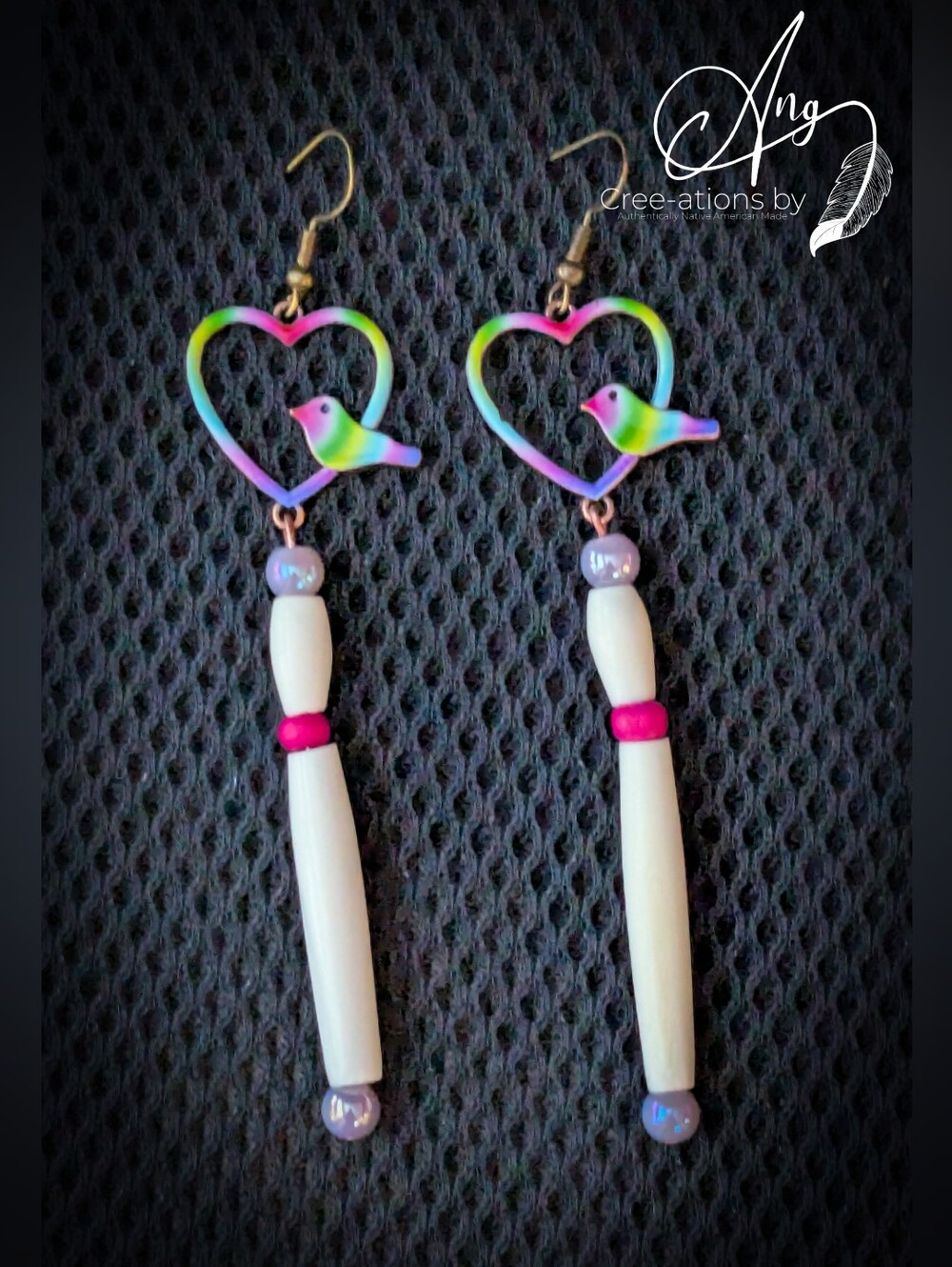 Native American Heart & Bird Neon Color Ombre Buffalo Bone Earrings